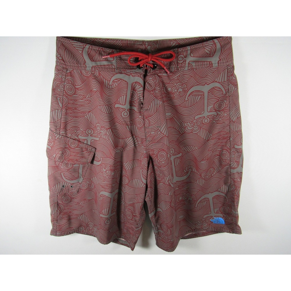 The North Face Board Shorts Swim Trunks Men 34 Nautical Anchor Print Gray/Red
